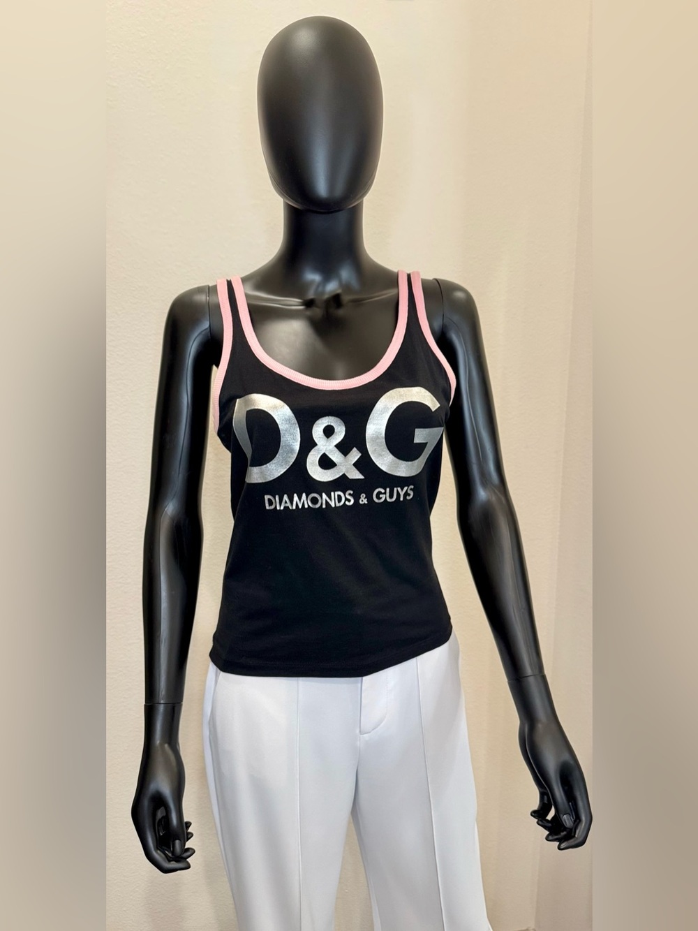 Dolce and Gabbana D&G Graphic Tank Top with Pink Trim and Silver Logo size M